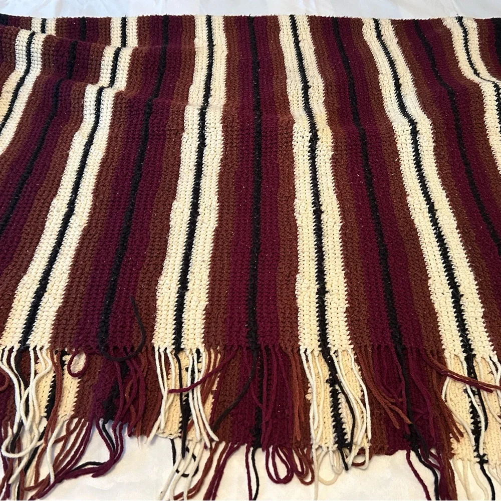 Vintage Crochet Brown Cream Stripe Handmade Blanket Throw Afghan with fringe
